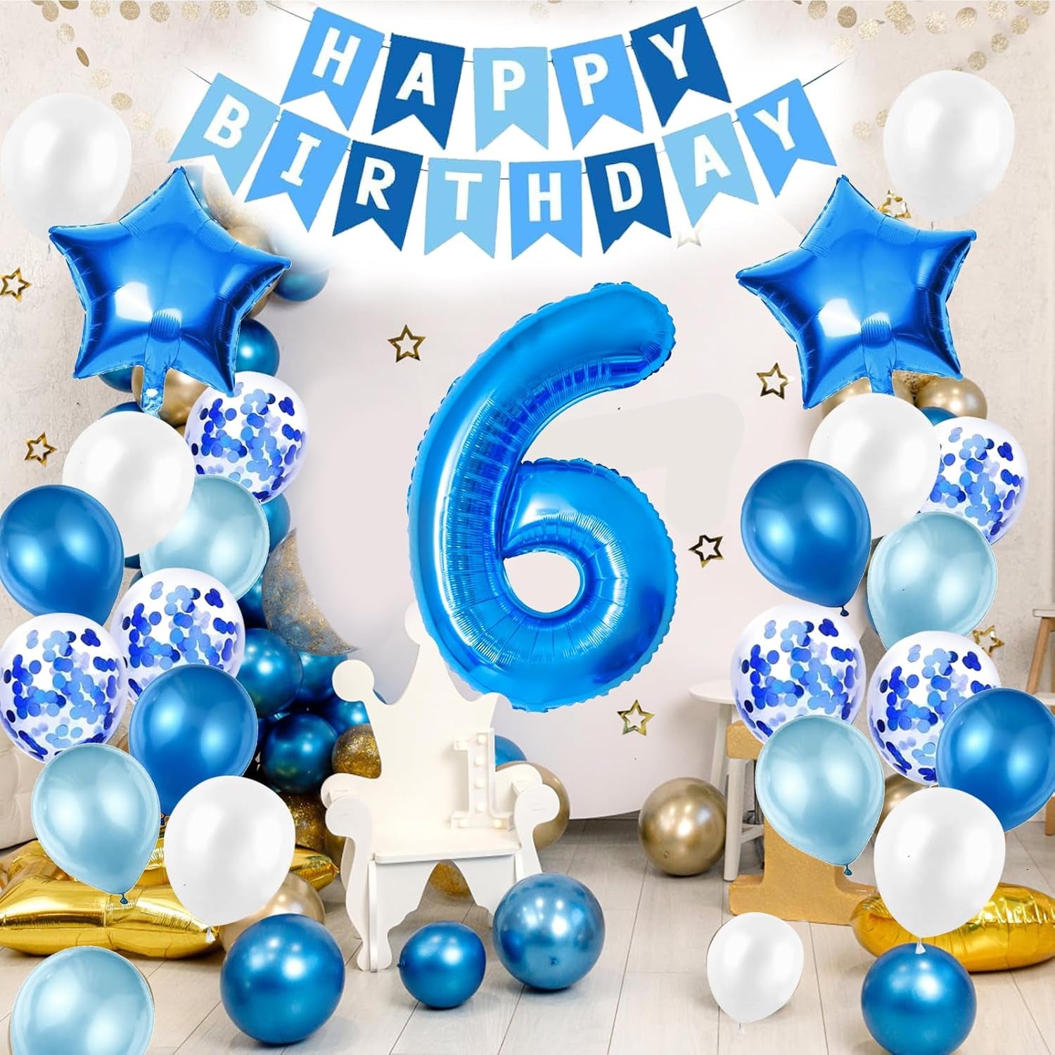 6Th Birthday Decorations for Boys, Number 6 Balloon, Blue Silver 6Th Party Decorations, Happy Birthday Bunting Banner, 32Inch Foil Number 6 Balloons Set for Birthday Party Anniversary Decorations