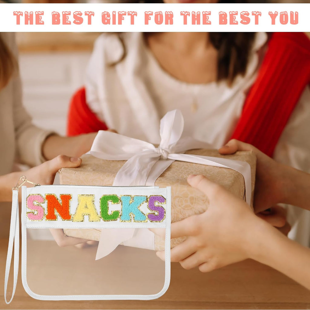 Chenille Letter Snack Bag Clear Makeup Bag Zipper Snack Pouch Waterproof Cosmetic Bag Toiletry Storage Bag Small Travel Bag for Women