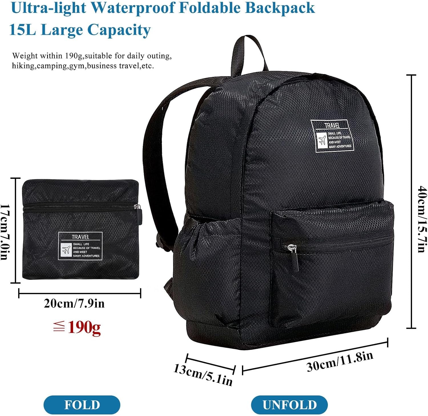 15L Packable Lightweight Backpack for Women Men Water Resistant Foldable Hiking Travel Camping Daypack (Black)