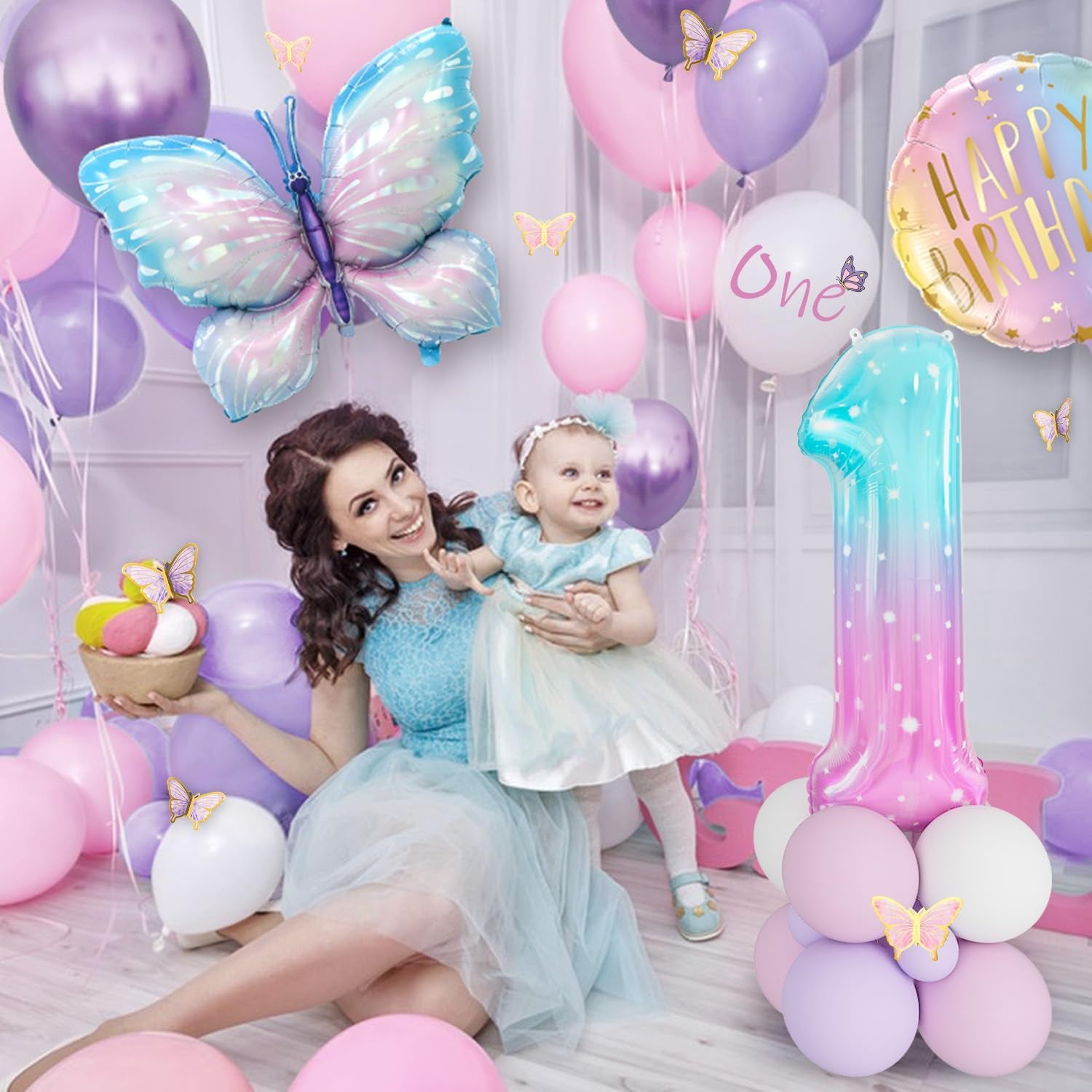 1St Birthday Decorations for Girls - Pink & Purple Butterfly Foil Balloons, Happy Birthday Banner, Number 1 & Butterfly Stickers