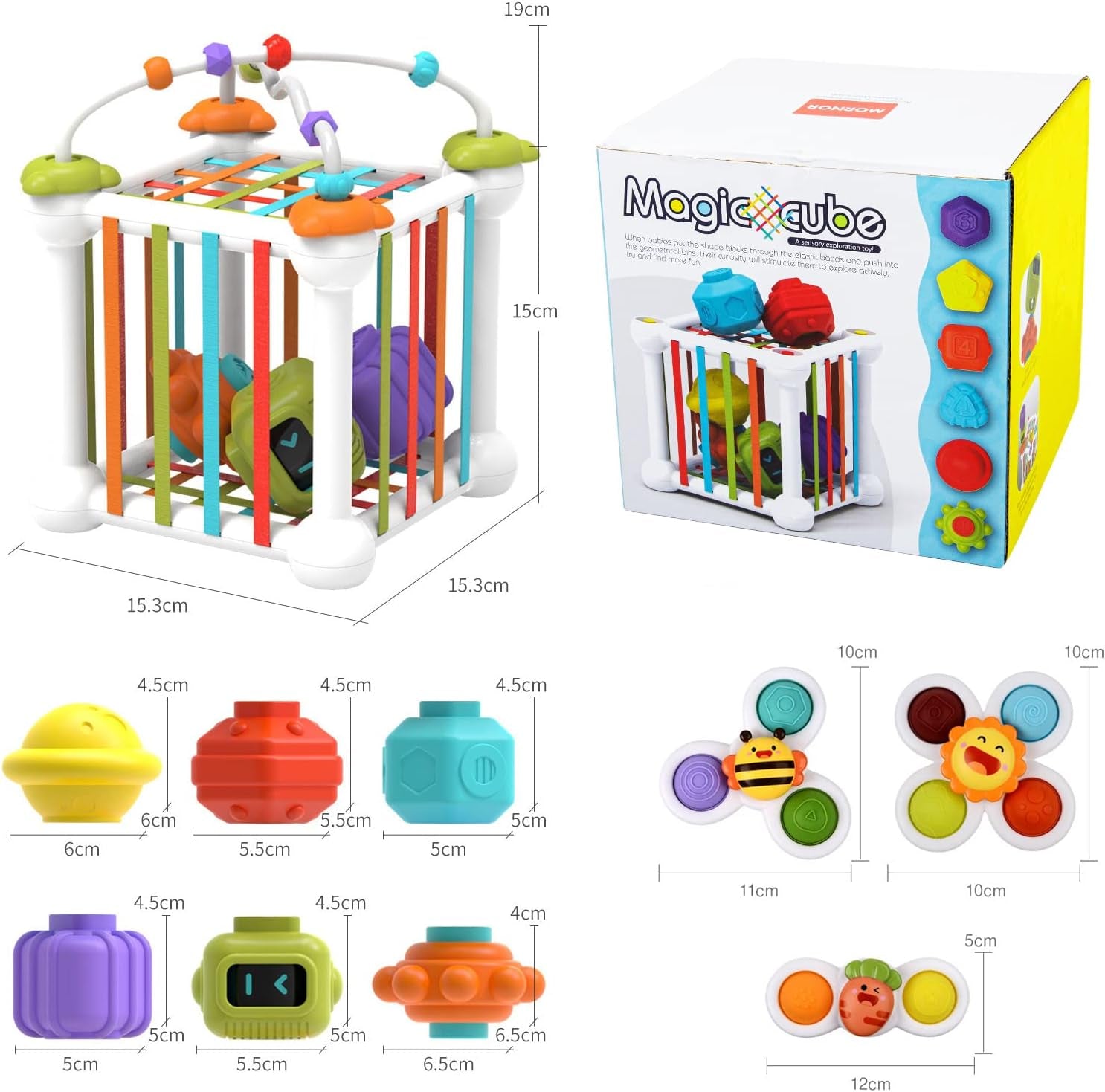 Montessori Toys for 1 2 Year Old Boy Girl, Baby Sensory Bin Shape Sorter Toys Colorful Cube, with 3 Suction Cup Spinning Top Toys and Bead Maze, Early Learning Toys for Toddlers Age 1-3 (12PCS)