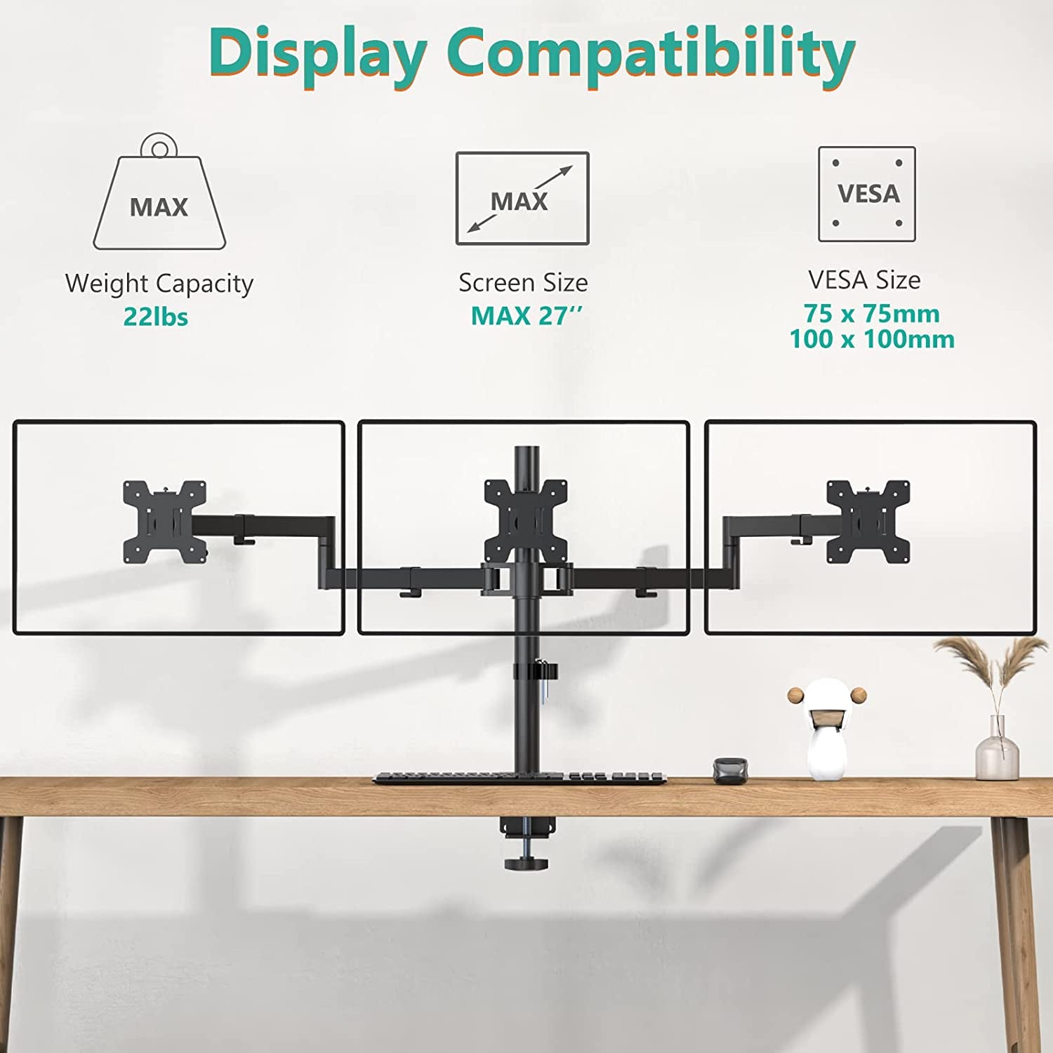 Triple Monitor Arm for Screen up to 27 Inch, Articulating Triple Monitor Stand, Fully Adjustable Horizontal 3 Monitors Stand with Tilt Swivel Rotate, VESA 75 & 100Mm, Black (M003S)