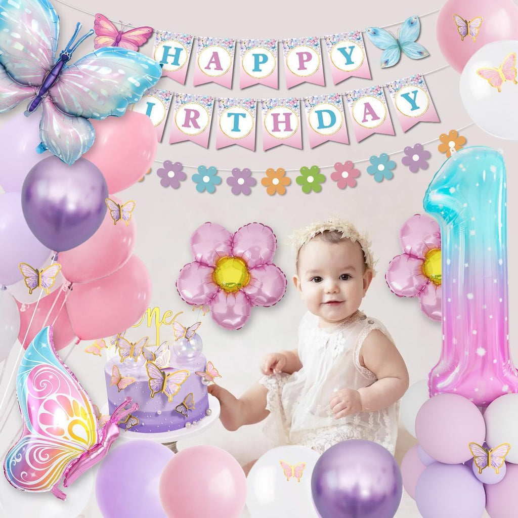 1St Birthday Decorations for Girls - Pink & Purple Butterfly Foil Balloons, Happy Birthday Banner, Number 1 & Butterfly Stickers