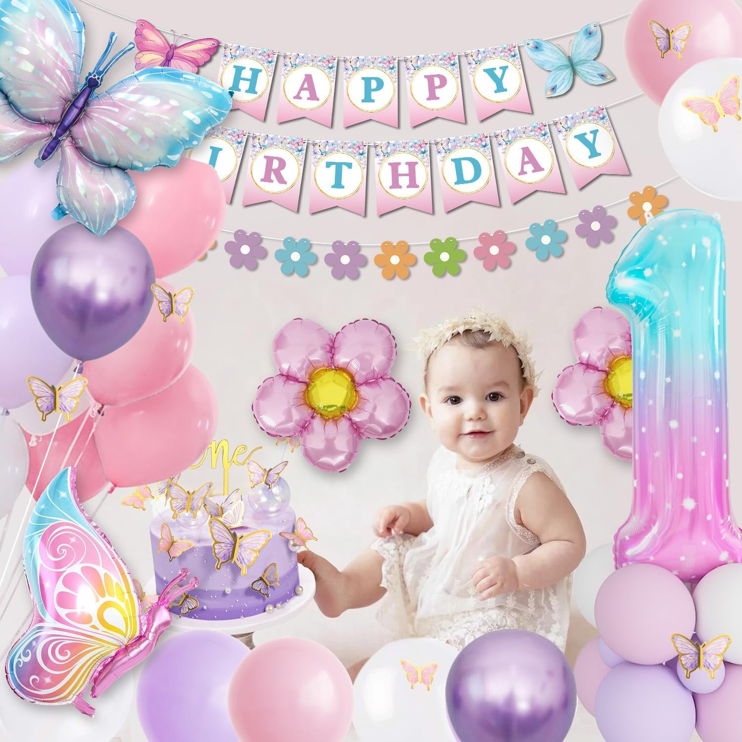 1St Birthday Decorations for Girls - Pink & Purple Butterfly Foil Balloons, Happy Birthday Banner, Number 1 & Butterfly Stickers