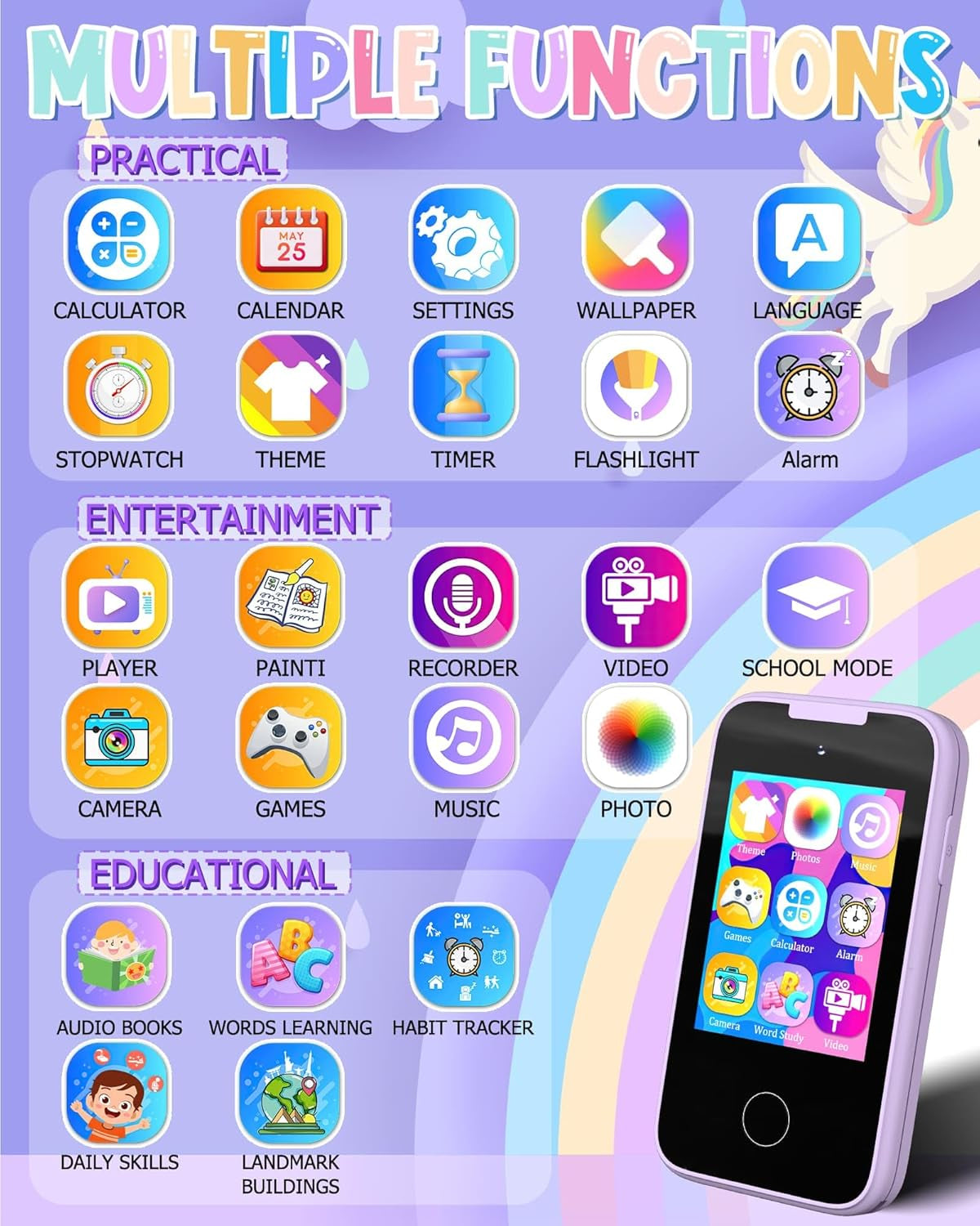 Kids Smart Phone Gifts for Girls 6-8 Year Old,Touchscreen Toy Cell Phone with Multi Apps 8G TF Card for Learning Play Christmas Birthday Gifts for Girls Age 3 4 5 6 7 8 9