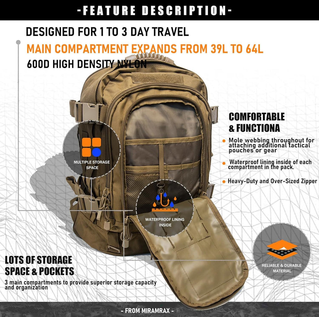 Tactical Backpack Military Hiking Daypack - Molle Backpack for Men 3 Day Assault Pack Bug Out Bag for Camping Travel Army Hunting Gym Rucksack Survival (Coyote)