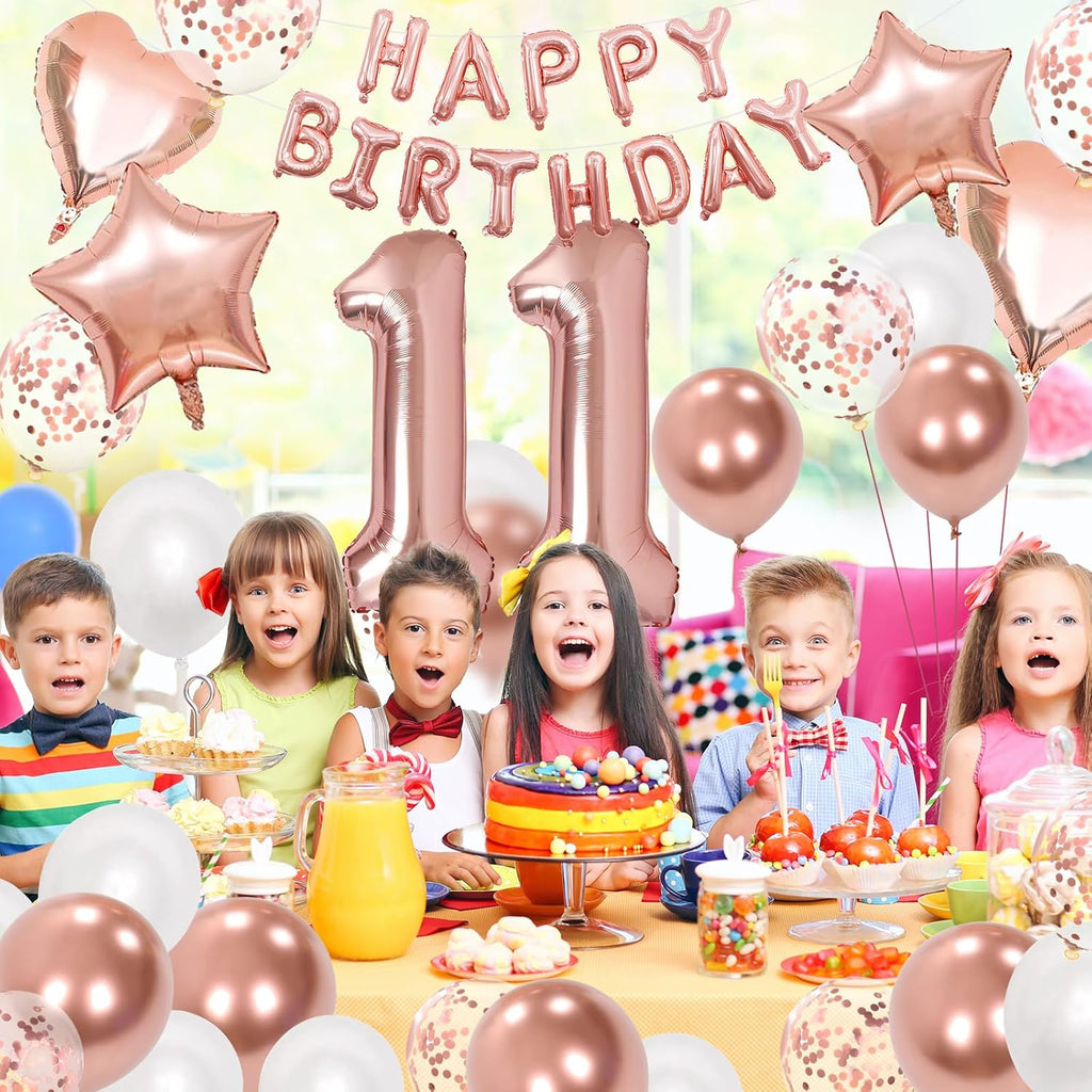 11Th Birthday Decorations for Girls, Rose Gold 11Th Birthday Decorations, Rose Gold 32 Inch Number 11 Foil Balloon with Banner, Star Confetti Balloon for 11 Party Deko