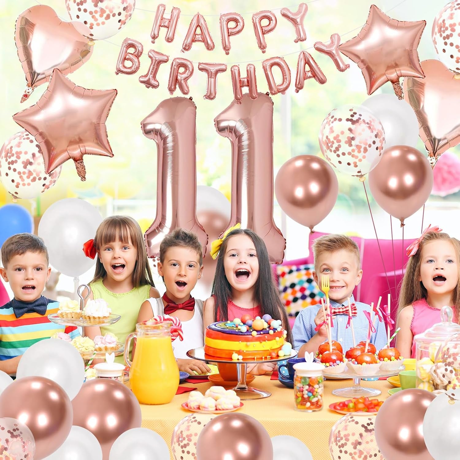 11Th Birthday Decorations for Girls, Rose Gold 11Th Birthday Decorations, Rose Gold 32 Inch Number 11 Foil Balloon with Banner, Star Confetti Balloon for 11 Party Deko