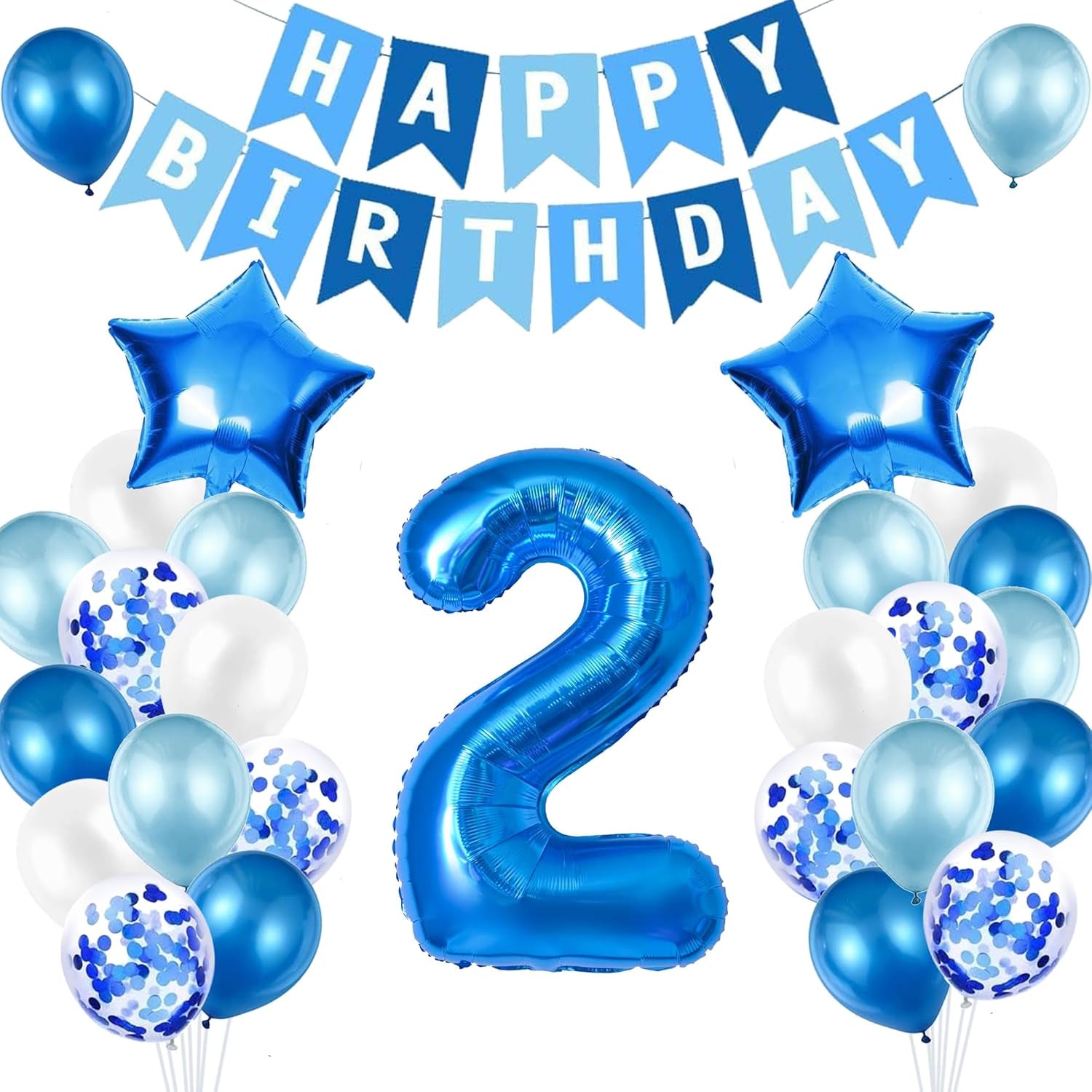 2Nd Birthday Decorations for Boys, Number 2 Balloon, Blue Silver 2Nd Party Decorations, Happy Birthday Bunting Banner, 32Inch Foil Number 2 Balloons Set for Birthday Party Anniversary Decorations