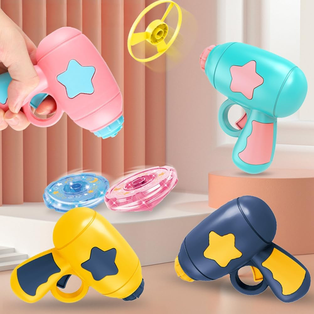 Flying Disc Launcher Toy,Fun and Easy-To-Use Outdoor Toys outside Yard Games Kids 3-8,1 Flying Saucer & 6 Discs and Gyroscope(2 Glow in the Dark)，Launch up to 32 Ft (Pink)