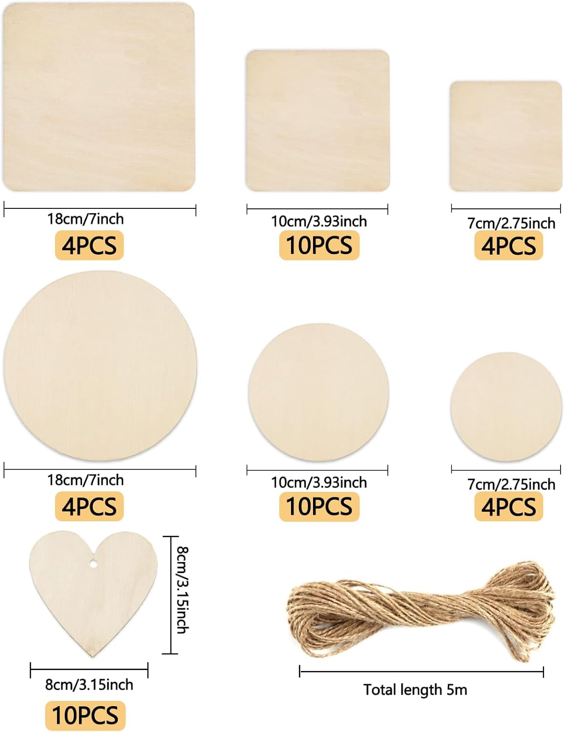 46Pcs Unfinished Blank Wood Slices - Pyrography Wood Blanks, 7Sizes Natural Wooden Pieces round Square Hearts with Predrilled Hole &5M Twine, Woodcraft Circles for Craft, DIY, Decor Painting, Coasters
