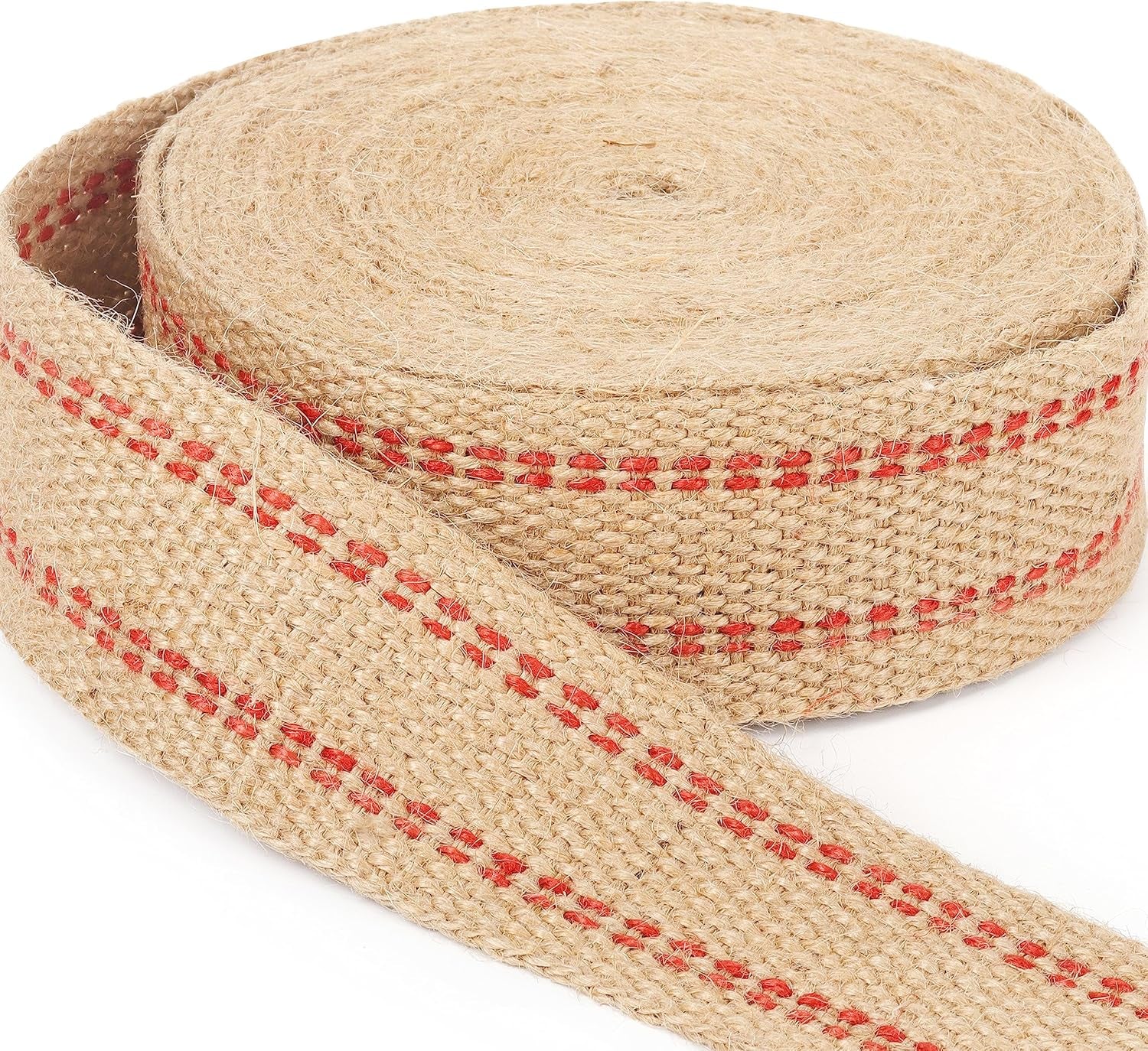 10 Metres Width 2" Roll Natural Burlap Red Line Jute Webbing Ribbon Craft Upholstery Tape for Outdoor DIY Gear Repair (Red Stripes)