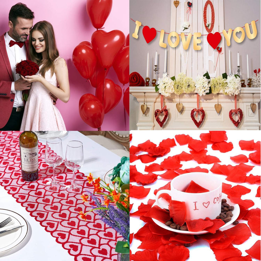 Valentines Day Decorations Kit 1000 Pcs Red Rose Petals 10 Pcs Heart Balloons 6 PCS Heart Garland I Love You Felt Garland Banner Table Runner for Valentines Day Decor Wedding Anniversary Engagement