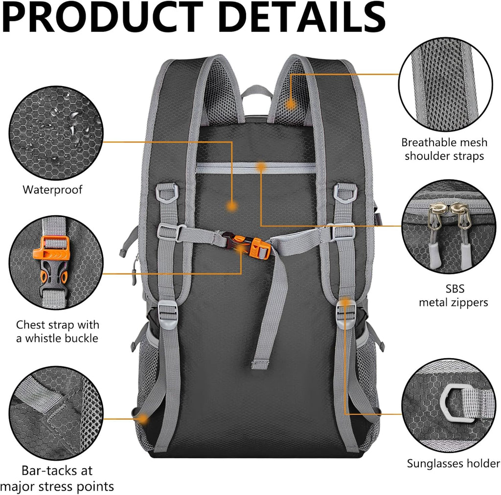 Ultra Lightweight Packable Backpack 40L - Foldable Hiking Backpack Water Resistant Small Foldable Daypack for Travel,Dark Grey