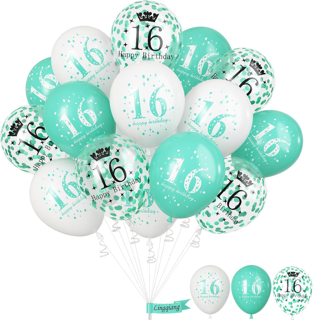 Happy 16Th Birthday Balloons Girls, 15Pcs Teal White 16Th Birthday Decorations Boys, Turquoise White Confetti 16Th Bday Party Balloons for Girl Sweet 16 Years Old Age Birthday Party Decor Supplies