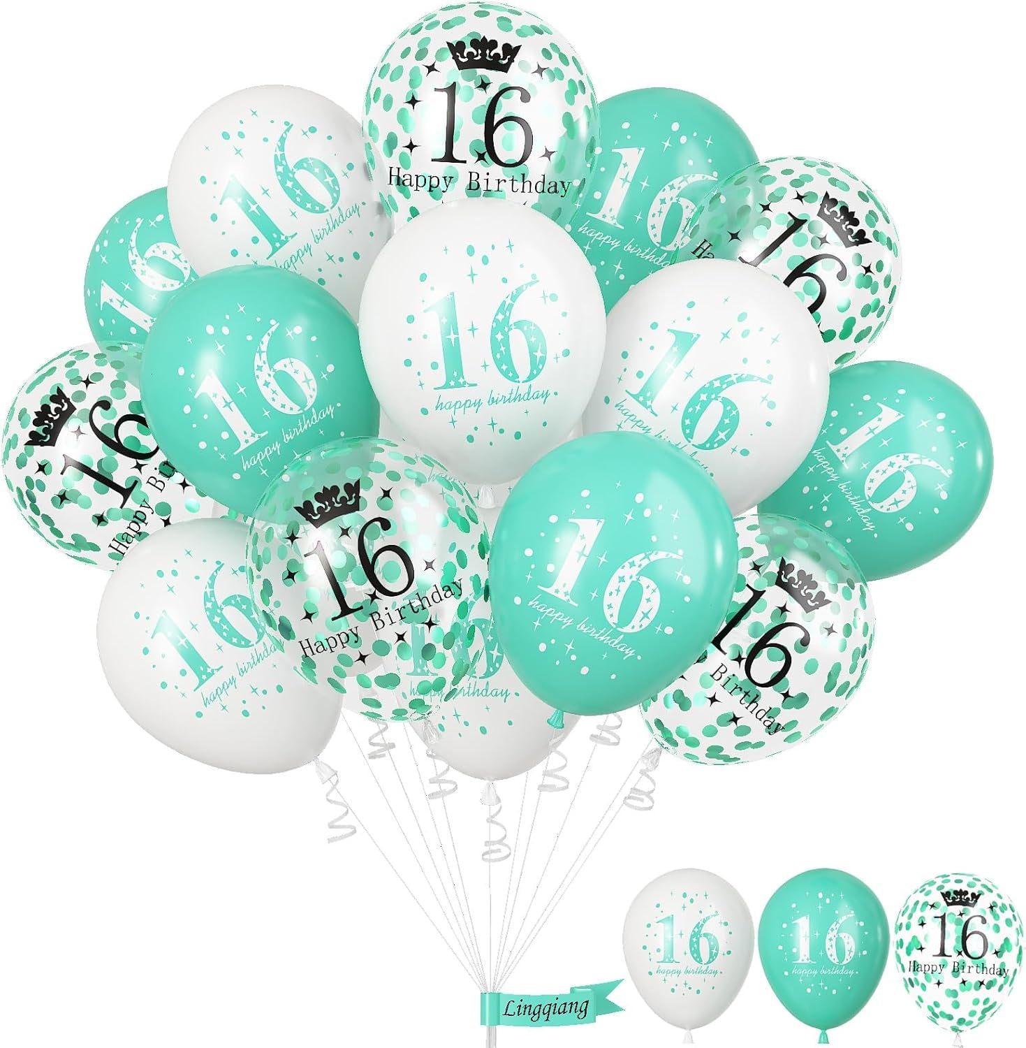 Happy 16Th Birthday Balloons Girls, 15Pcs Teal White 16Th Birthday Decorations Boys, Turquoise White Confetti 16Th Bday Party Balloons for Girl Sweet 16 Years Old Age Birthday Party Decor Supplies