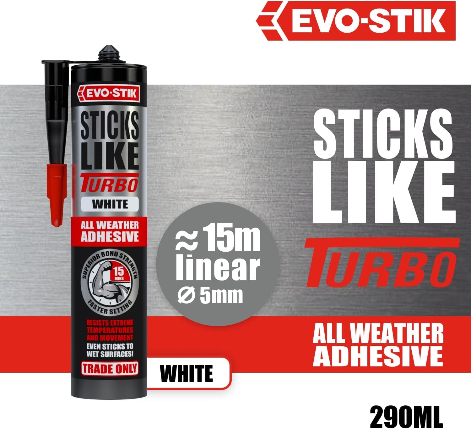 Sticks like Turbo Adhesive, All Weather, Fast Setting, Extreme Temperature & Movement Resistant, White, 290Ml