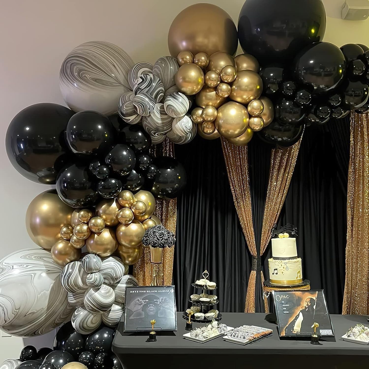 140Pc Black & Gold Balloon Arch Kit, Marble & Metallic Balloons for Birthday, Wedding, Anniversary