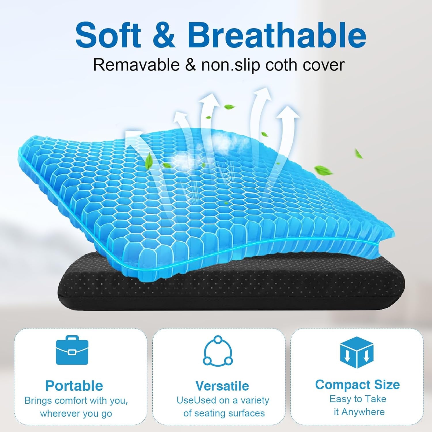 Gel Seat Cushion Portable Massage Travel Cushions, 16.5" X 12" Thick Foldable Seat Cushion for Car Office Chair Wheelchair Hip, Coccyx, Sciatica, Pressure Sores
