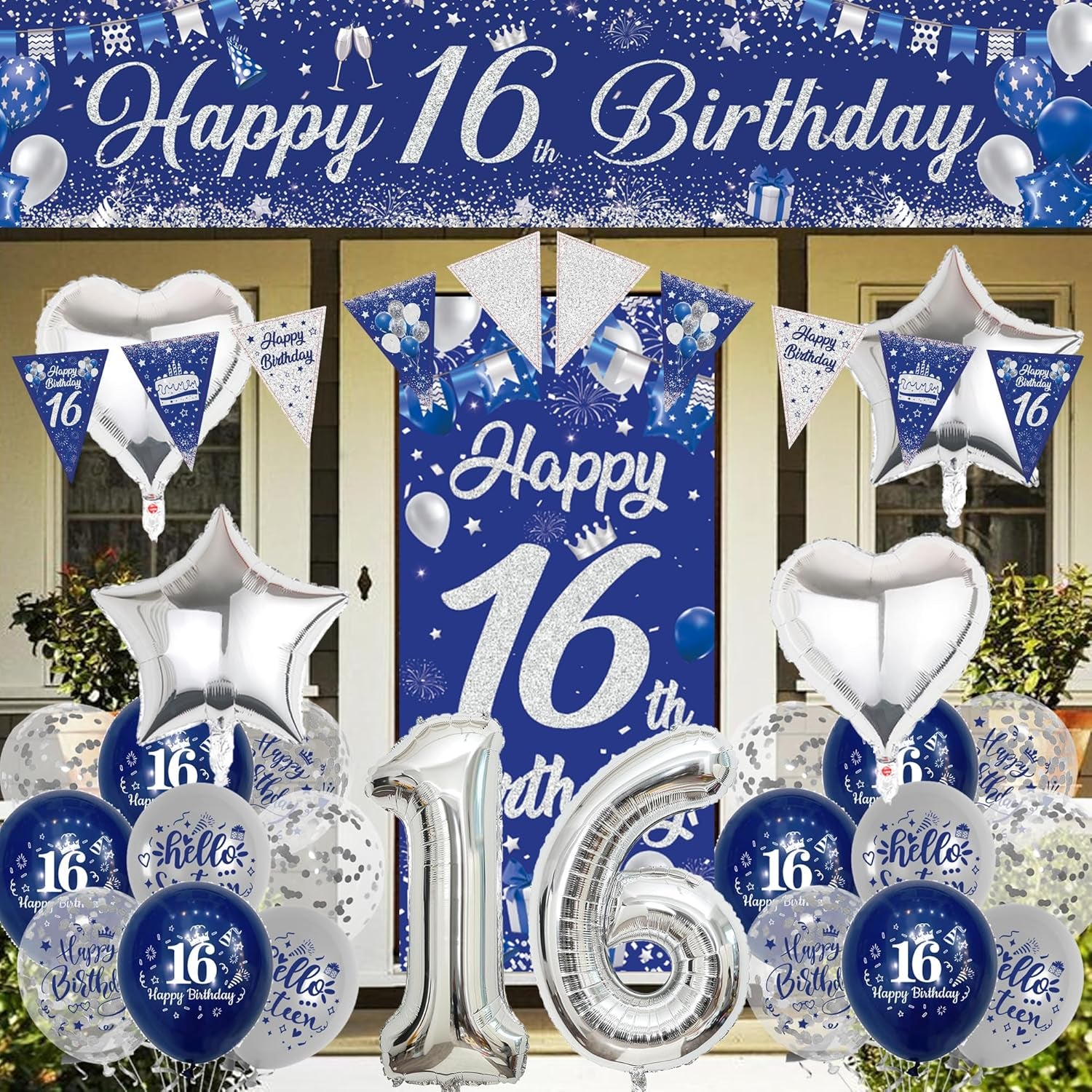 16Th Birthday Decorations for Boys Girls - Happy Birthday Yard Banner Number 16 Foil Balloons Bunting Latex Balloon Door Backdrop, Blue Silver Anniversary Decoration for 16 Years Old Party Supplies