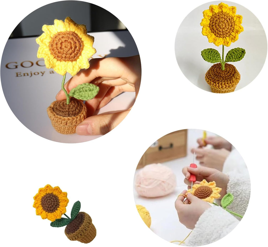 Crochet Flowers, Sunflower Crochet Potted Flowers, Finished Handmade Crochet, Small Artificial Flower Pot Hand Knitted Crochet Gifts, for Home Office Desktop Ornament, Gift for Lover or Family