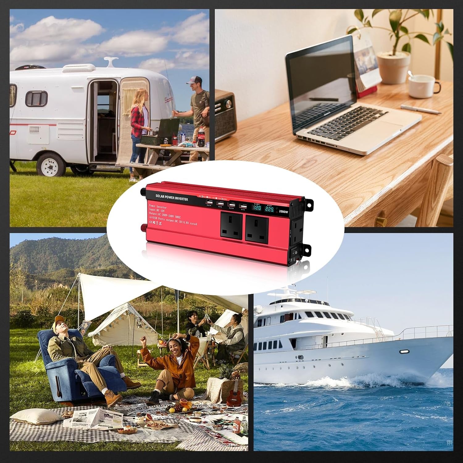 2000W Inverter 12V to 240V,Aluminum Car Power Inverter DC 12V to AC 240V with 3 UK Sockets 4 Usb,Pure Sine Wave Inverter with LED Display & 8-Tier Safety Protection for Travel, Camping