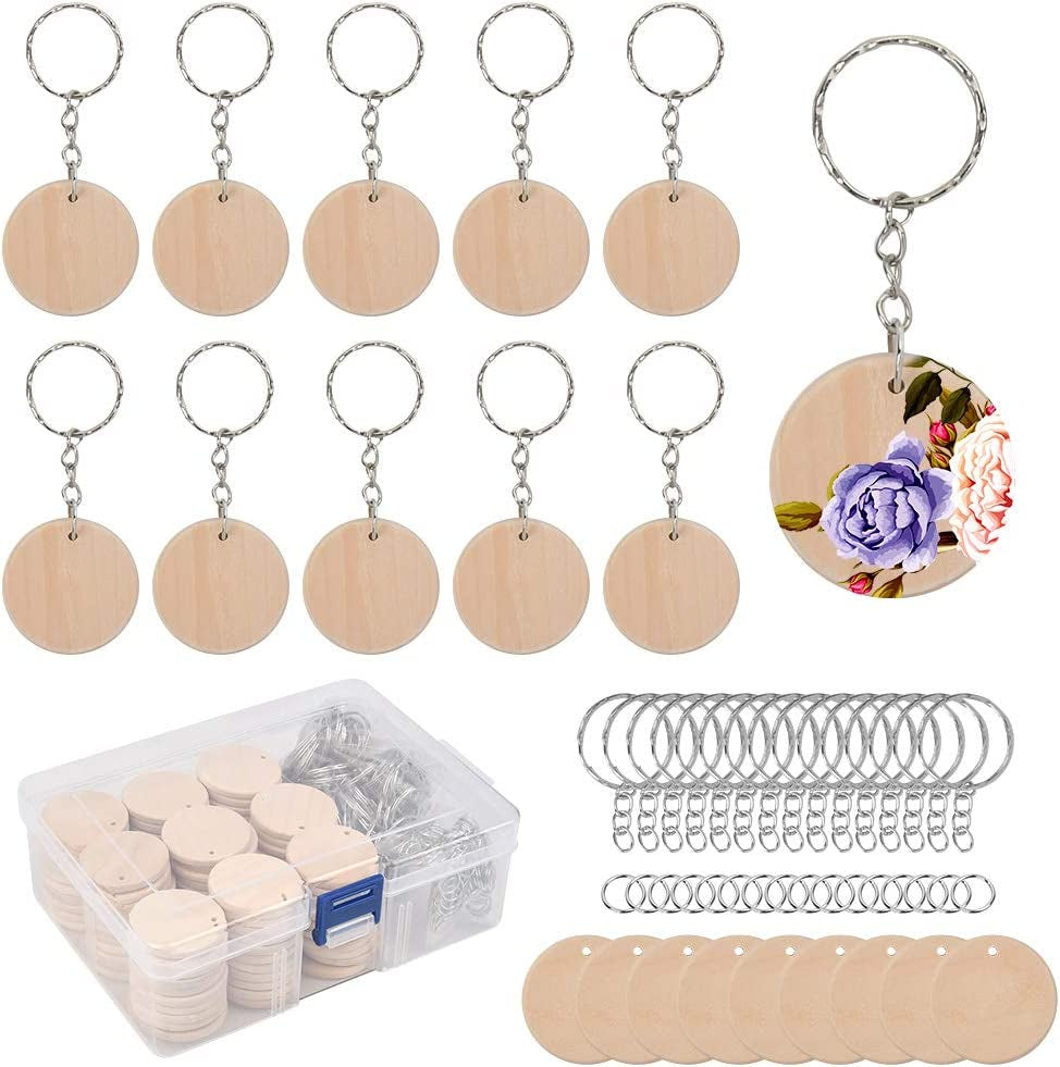 100Pcs Natural Wood Slices, 35Mm Unfinished Predrilled Log Discs Wooden Circles with 100Pcs Key Rings and a Box for DIY Crafts, Unfinished round Circles for Christmas Decorations Ornaments
