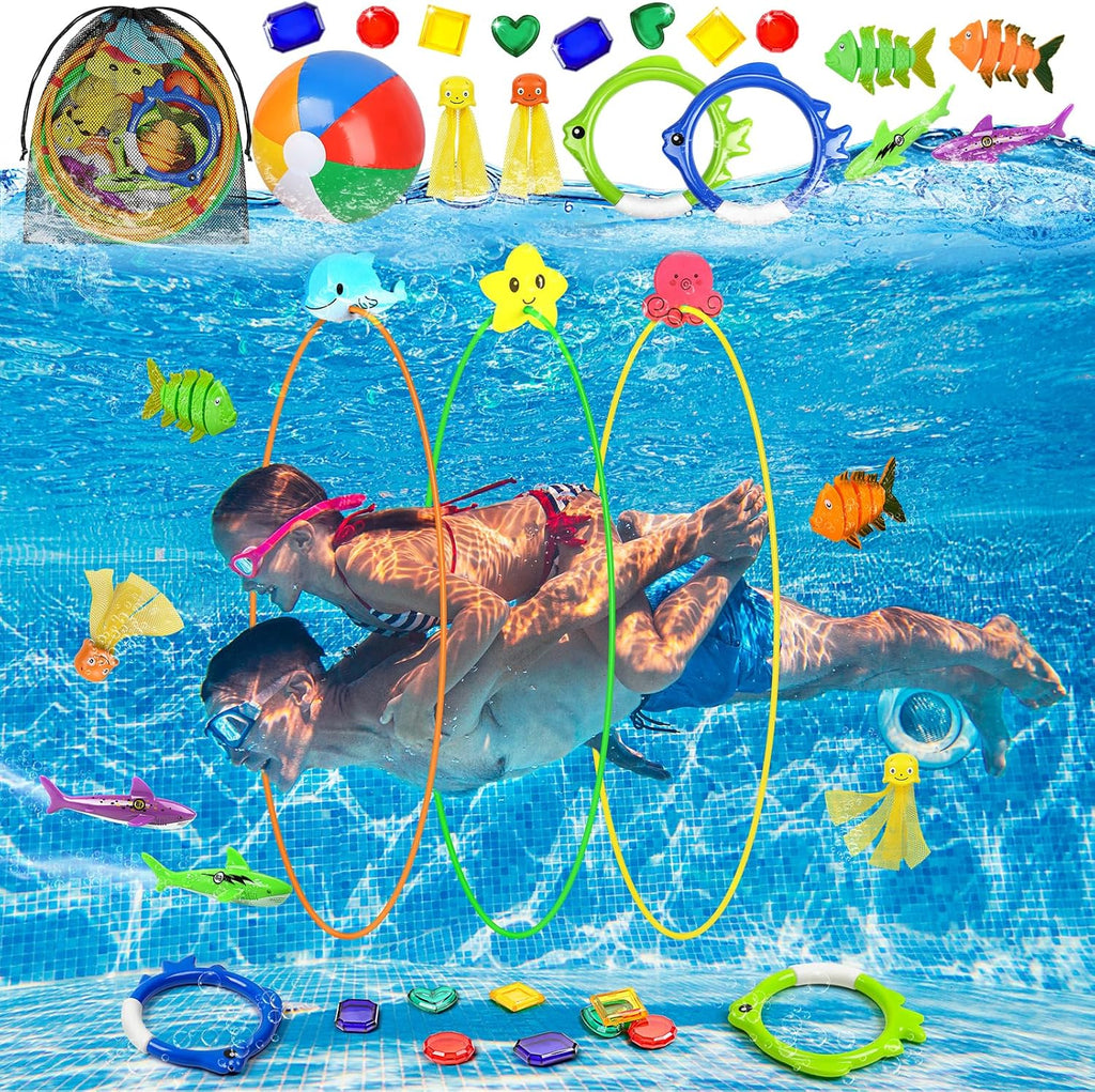 Diving Pool Swim Toys for Kids, Diving Swim Thru Rings for Toddlers Adults Pool Swim Games, Beach Pool Ball Diving Gems Octopus Pool Torpedo Shark Fish, Diving Hoops Toys Bulk Set with Mesh Bag