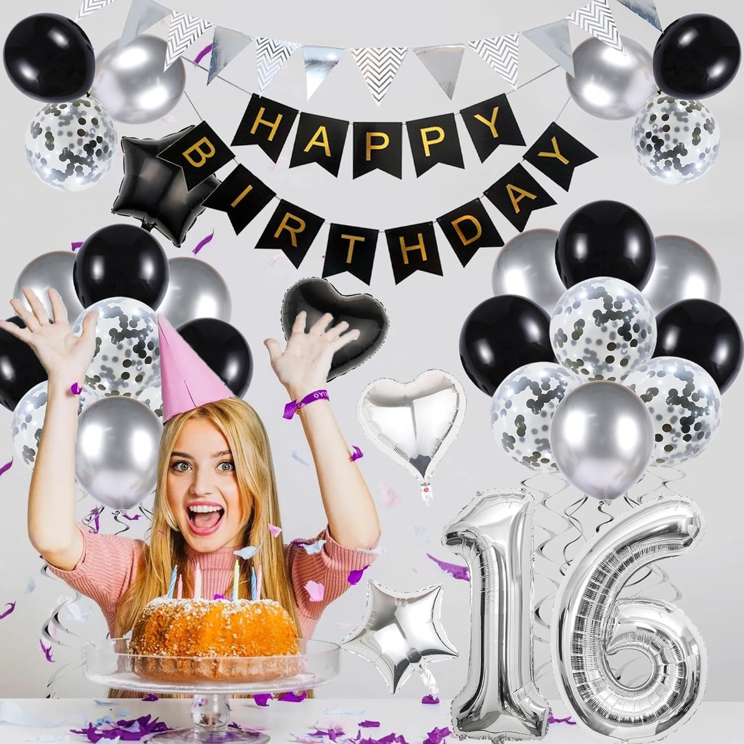 16Th Birthday Decorations for Boys Black and Silver Birthday Decorations Include Pennants, Banners, Love Balloon, Star Balloon, Number Foil Balloons, Latex Balloons, Ribbon, Suitable for 16Th Party