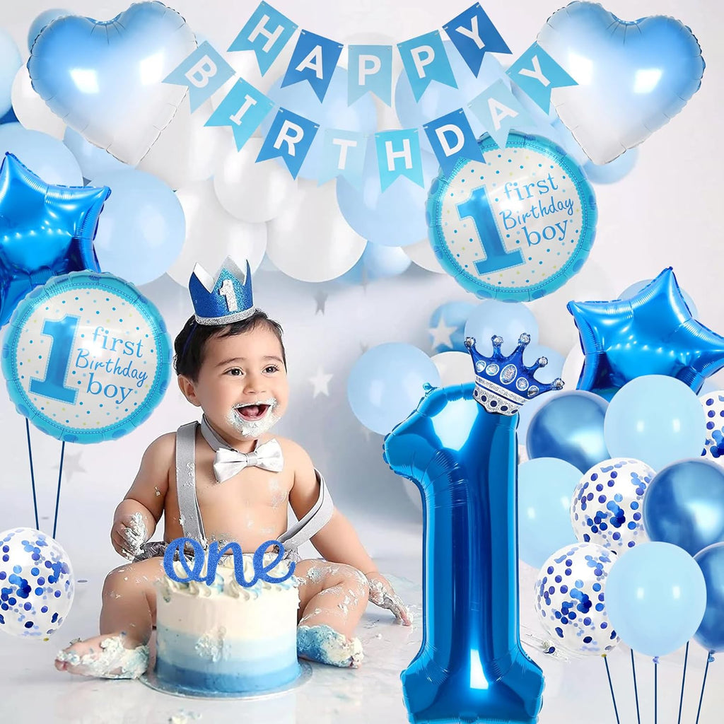 Blue 1St Birthday Decorations Kit - 46 Pieces 1St Birthday Decorations Supplies Happy Birthday Banner Number 1 Balloon Star Foil Balloon Cake Topper Gradient Love Balloon for Boy 1St Party Decoration