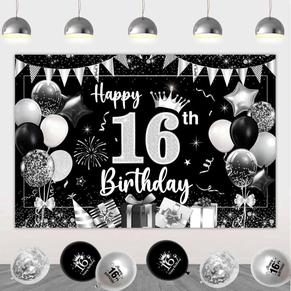16Th Birthday Decorations Silver, Happy Birthday Backdrop Banner 16Th Birthday Bunting Black Silver Girls, Black 16 Foil Balloon Confetti Balloons for Sweet Sixteen 16 Years Birthday Party