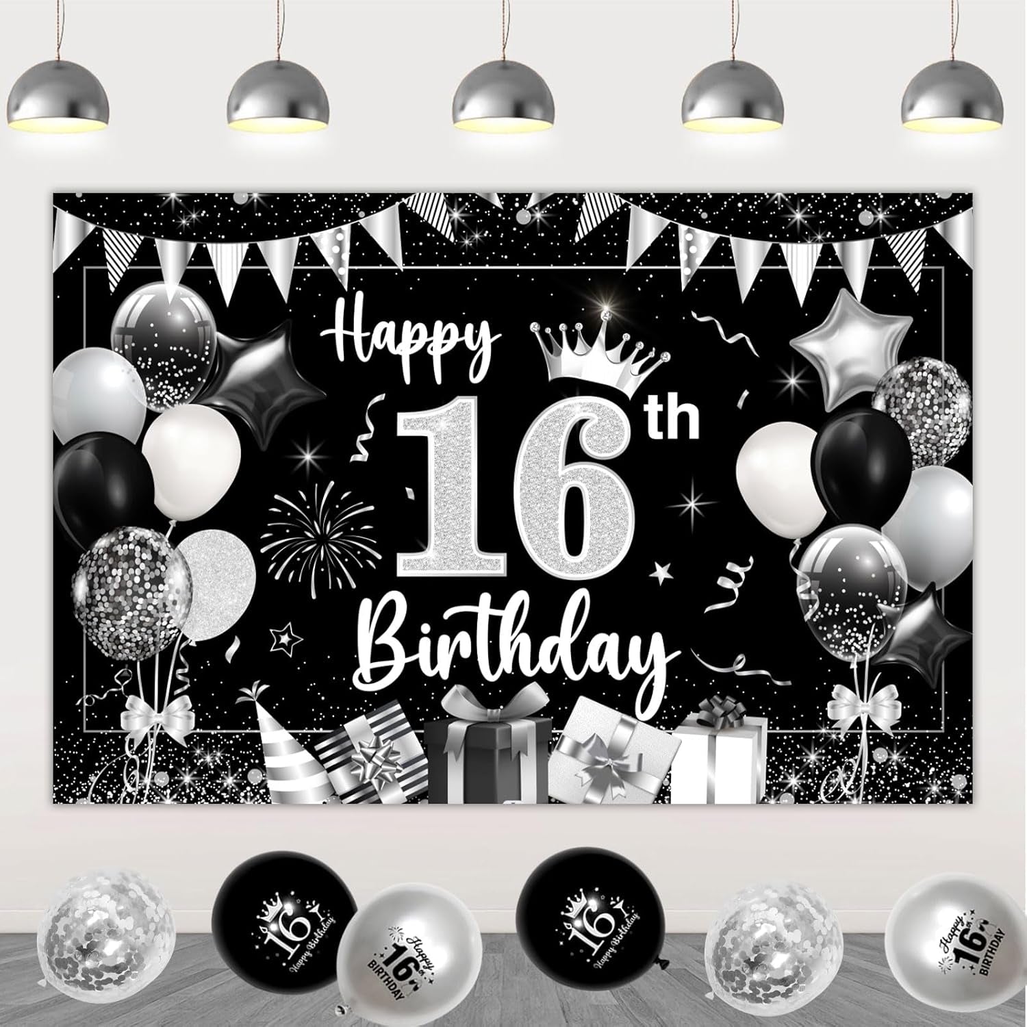 16Th Birthday Decorations Silver, Happy Birthday Backdrop Banner 16Th Birthday Bunting Black Silver Girls, Black 16 Foil Balloon Confetti Balloons for Sweet Sixteen 16 Years Birthday Party