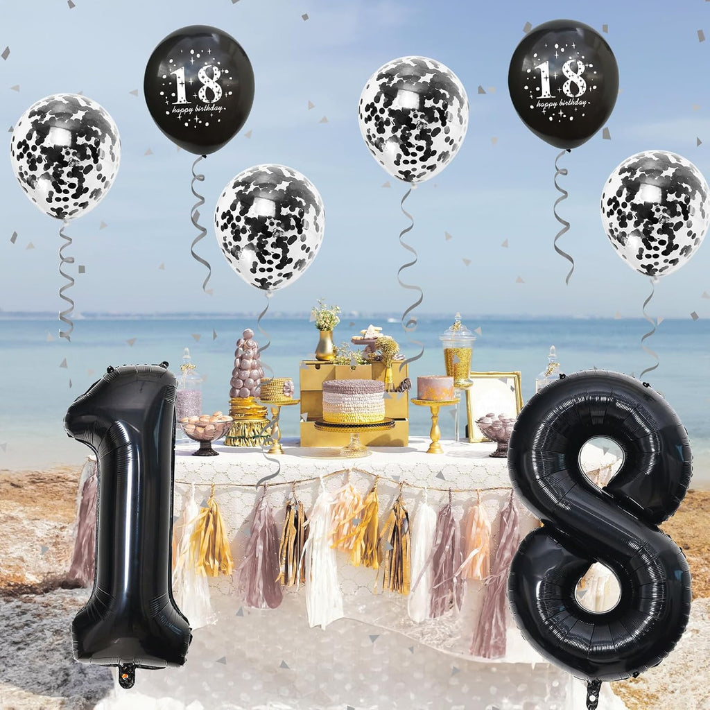 18Th Birthday Decorations for Girls, 18Th Birthday Balloons with 40 Inch Black Foil Number 18 Balloon Black Birthday Print Confetti Balloons Metallic Latex Balloons Set for Boy 18 Birthday Decorations