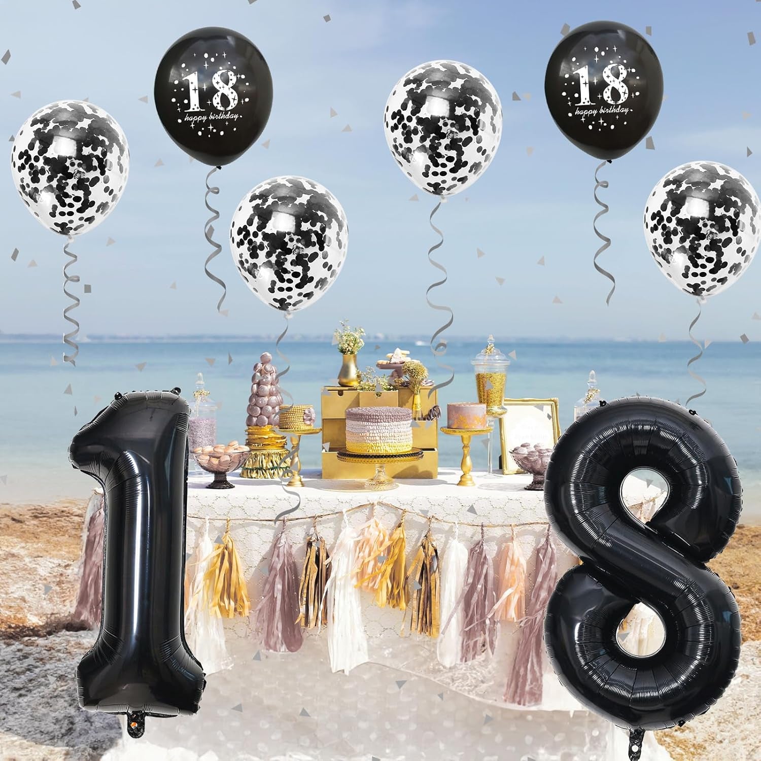 18Th Birthday Decorations for Girls, 18Th Birthday Balloons with 40 Inch Black Foil Number 18 Balloon Black Birthday Print Confetti Balloons Metallic Latex Balloons Set for Boy 18 Birthday Decorations