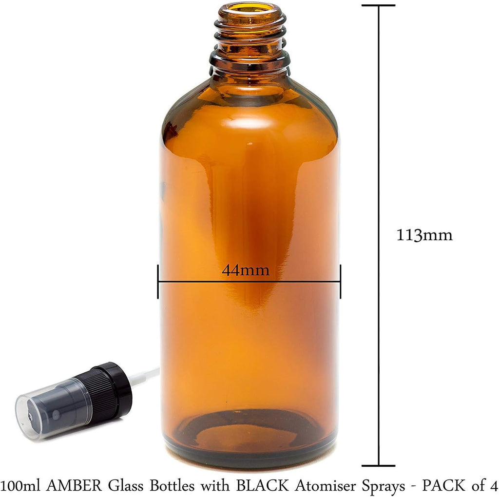 PACK of 4-100Ml AMBER GLASS Bottles with Black ATOMISER Sprays. Essential Oil/Aromatherapy Use