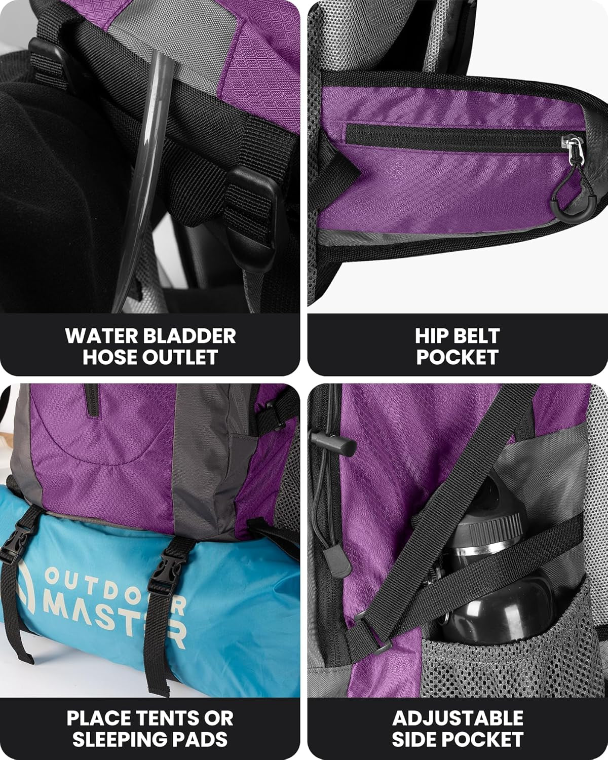 50L Hiking Backpack with High Strength Aluminum Support, Lightweight Travel Daypack with Rain Cover, Waterproof Camping Bag for Men Women -Purple