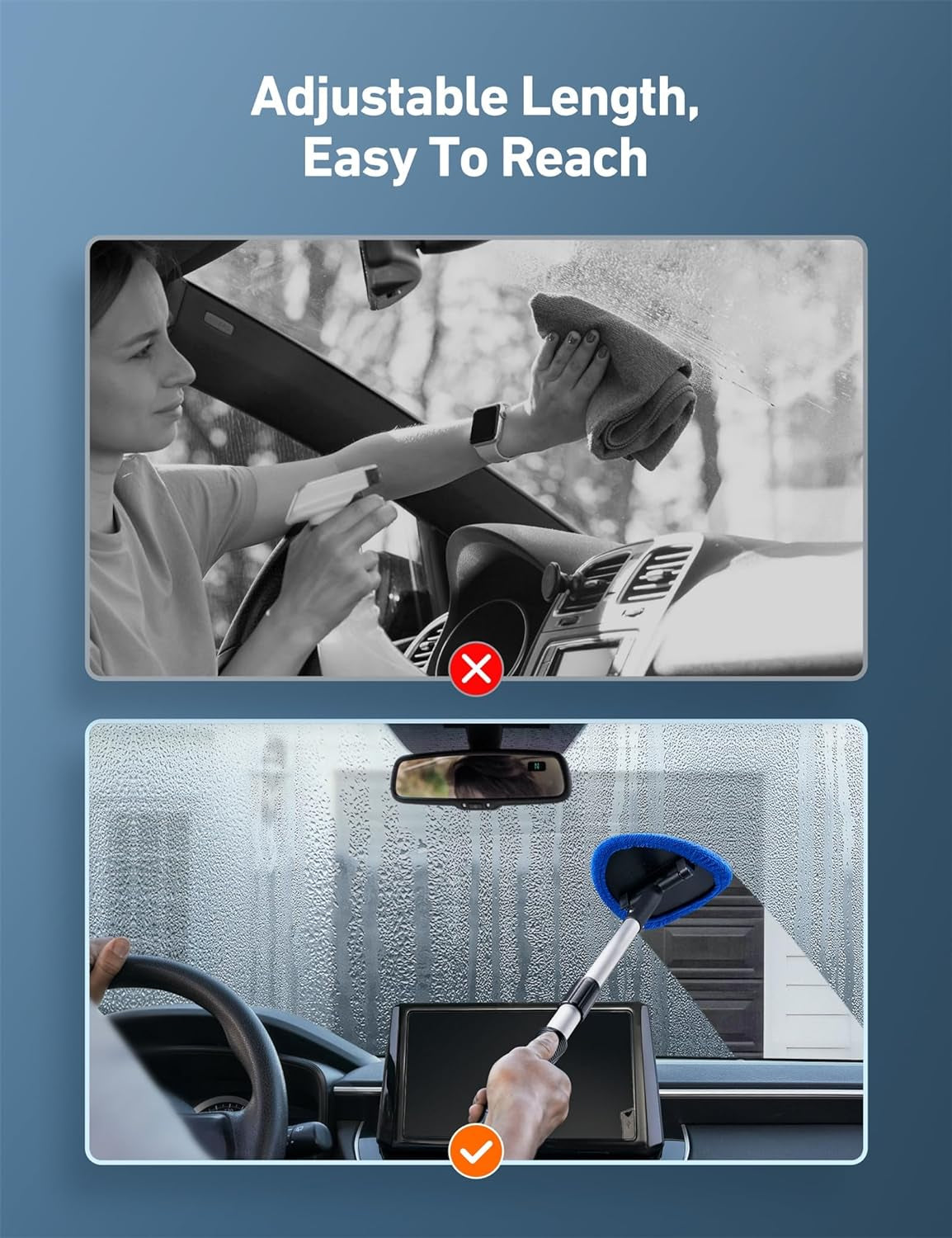 Car Windscreen Cleaner, Car Window Cleaner with 4 Reusable and Washable Microfiber Pads, Windshield Cleaning Tool with Detachable Handle Auto inside Glass Wiper Kit, Blue