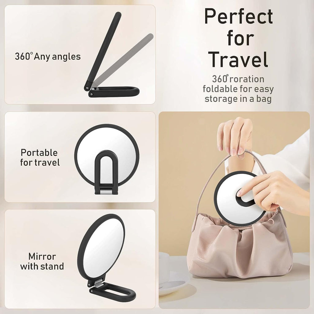 Magnifying Handheld Mirror Double Sided, 1X 15X Magnification Hand Mirrors, Travel Folding Hand Held Mirror, 360°Rotation Pedestal Makeup Vanity Mirror