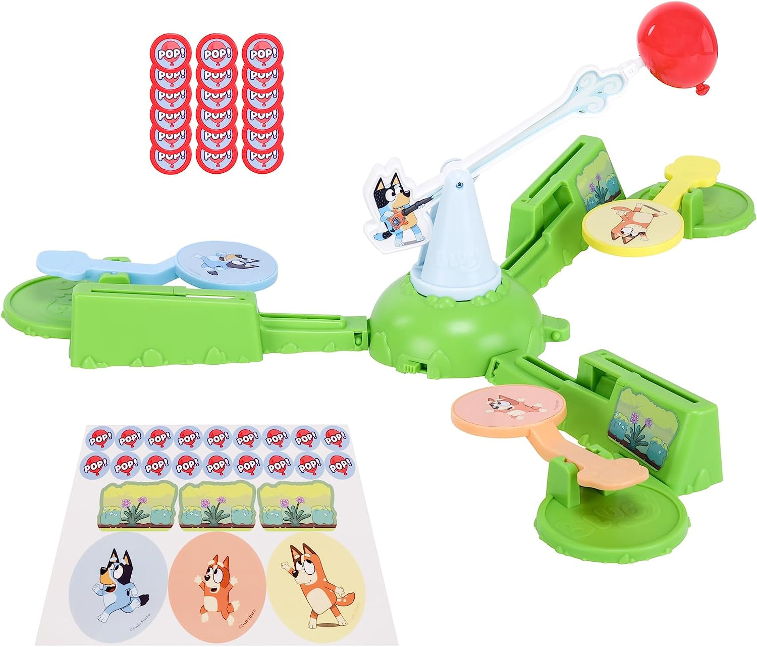 Keepy Uppy Game. Help, Bingo, and Chilli Keep the Motorized Balloon in the Air with the Character Paddles for 2-3 Players. Ages 4+