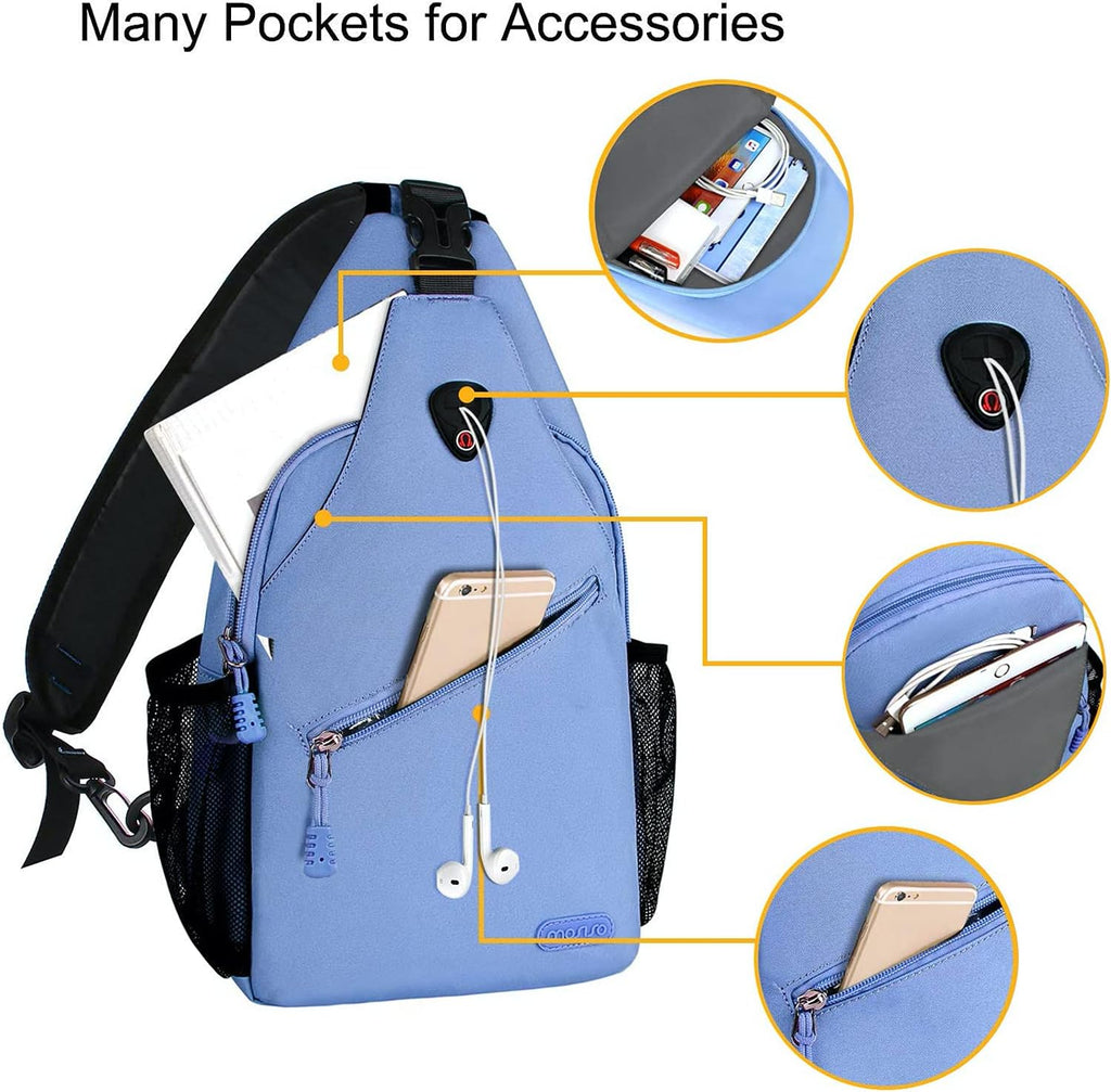 Rope Sling Backpack (Up to 13 Inch), Multipurpose Crossbody Chest One Shoulder Outdoor Travel Hiking Daypack, Airy Blue