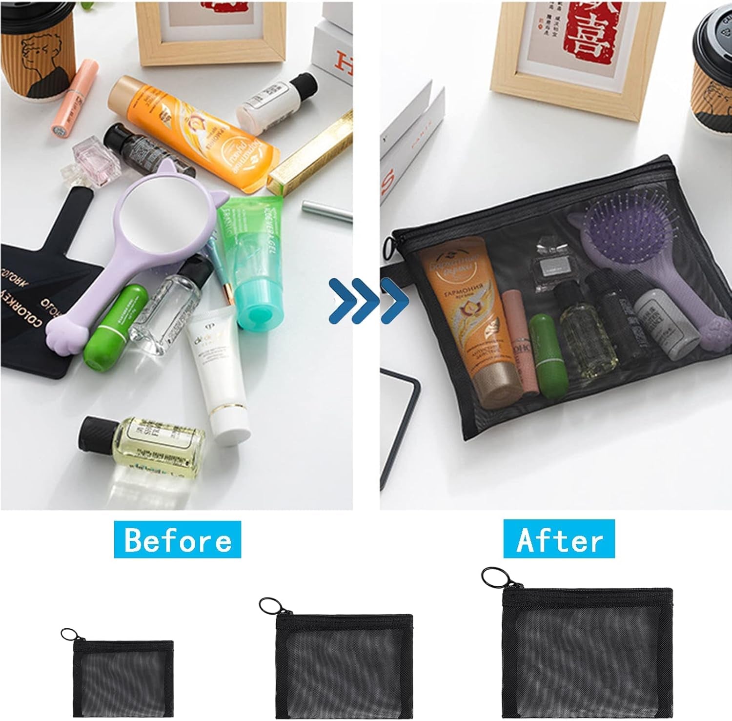 6 Packs Mini Zipper Toiletry Bag, Clear Mesh Zipper Cosmetic Small Purse Black Nylon Waterproof Small Purse Makeup Bag for Women, Portable Office Stationery Pouch.