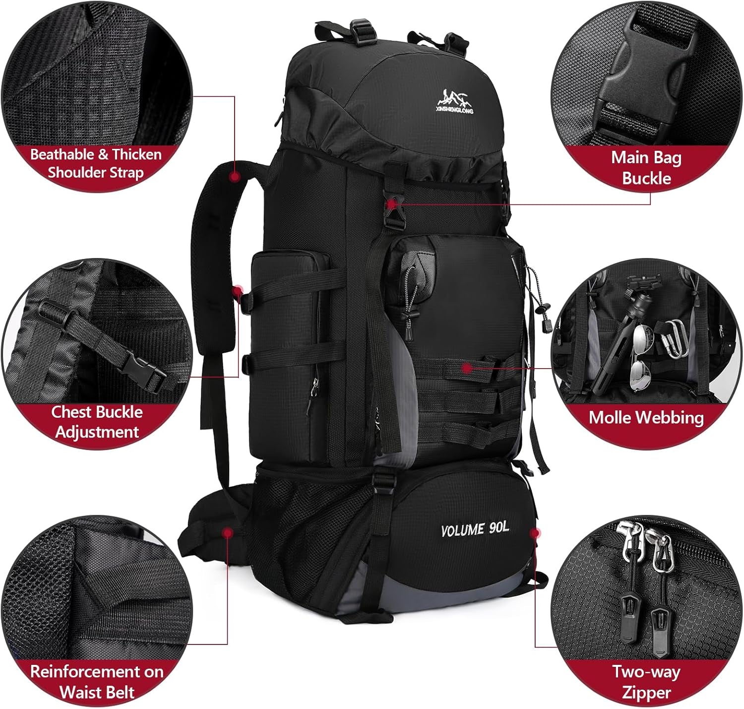 90L Large Hiking Travel Backpack with Rain Cover Molle Rucksack Waterproof Lightweight Travel Daypack for Climbing Camping Touring (Black)