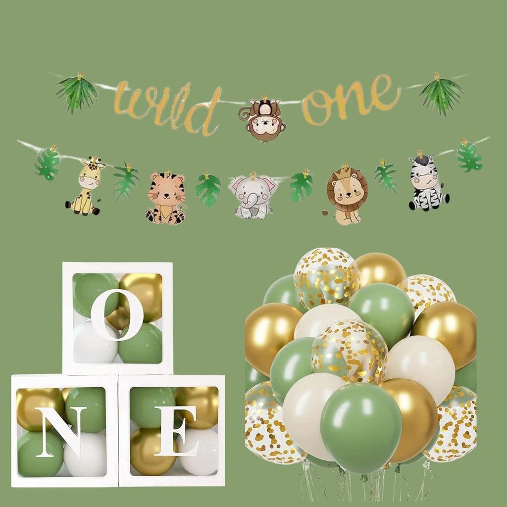 Wild One Birthday Decorations, 1St Birthday Decorations for Boys - Includes 'O N E' Boxes, Wild One Banner, 35 X Green & Gold Baloons - Jungle Safari Party Decorations