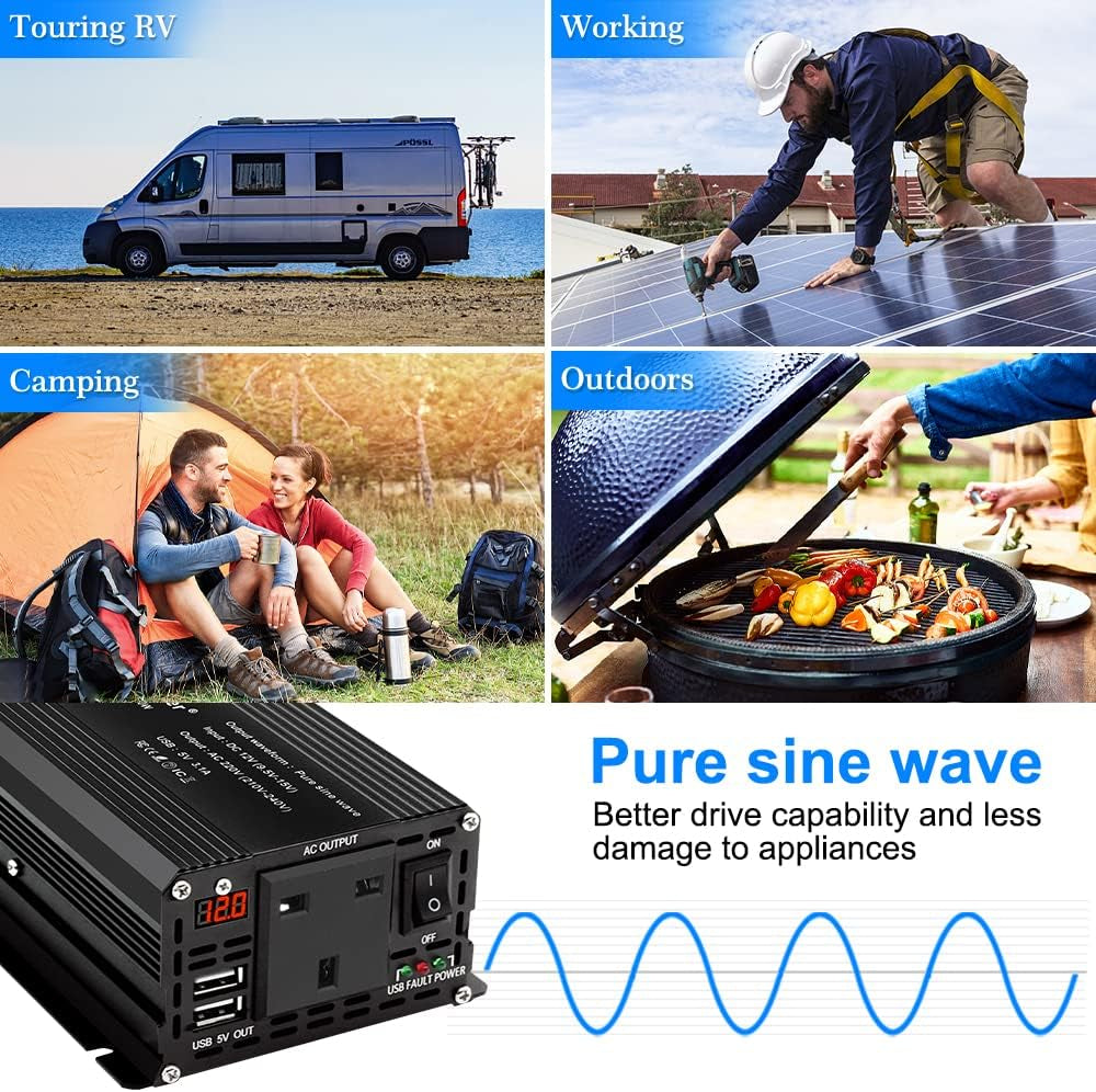 500W Pure Sine Wave Power Inverter DC 12V to 240V AC 1 UK Socket 2 USB Port LED with Cigarette Lighter