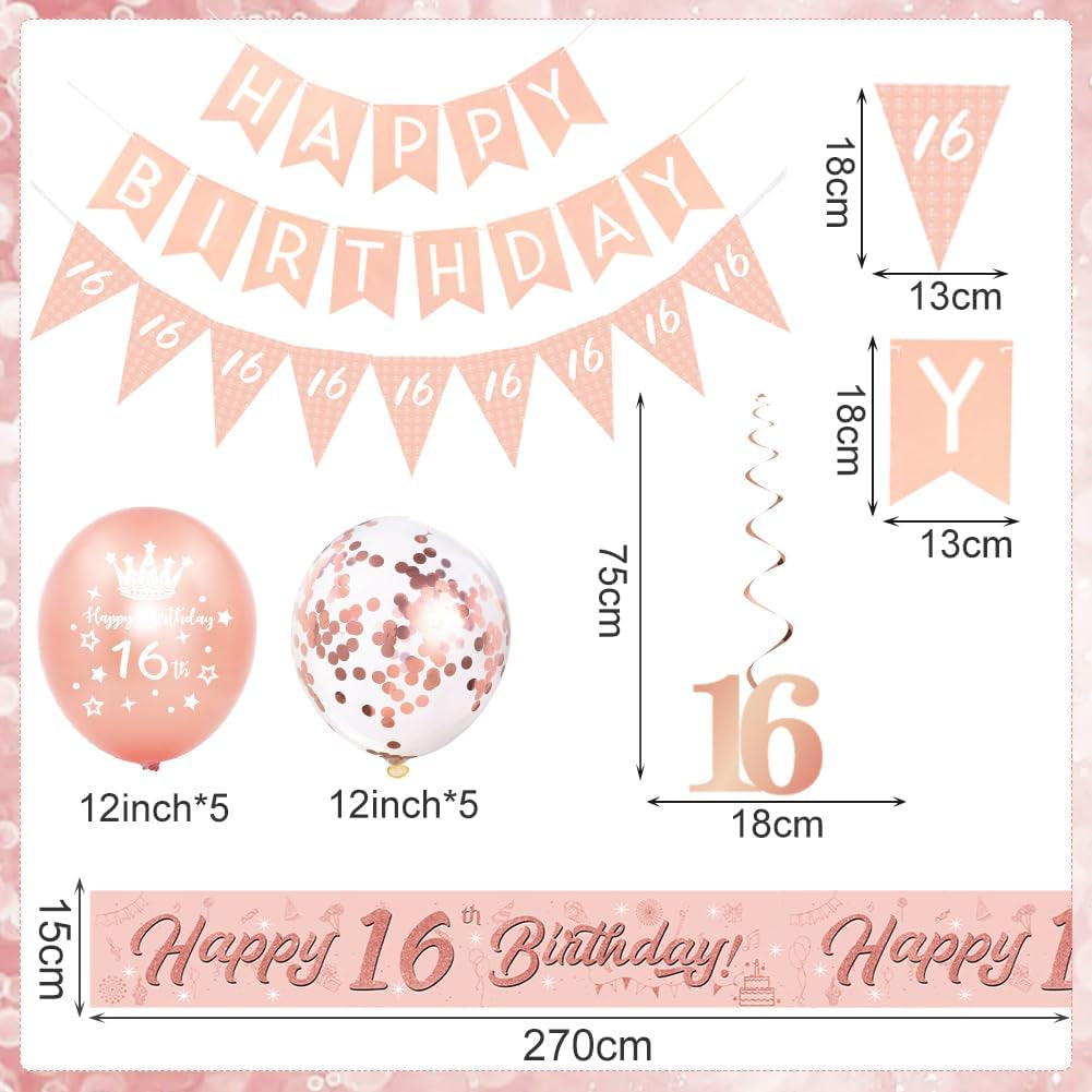 16Th Birthday Decorations for Girls-Rose Gold 16Th Birthday Banners Balloons Bunting for Her,Happy Birthday Party Decor Include Banner Bunting Hanging Swirls Triangle Flags Confetti Latex Balloons