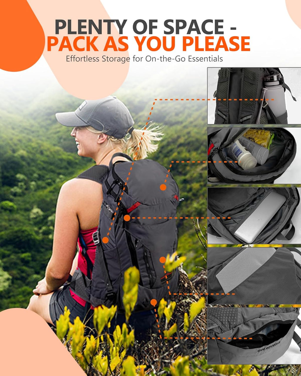 MANUEKLEAR 28L Small Hiking Backpack Men, Packable Backpack Outdoor Waterproof Backpack for Women and Men, Lightweight Backpack for Travel Daypack