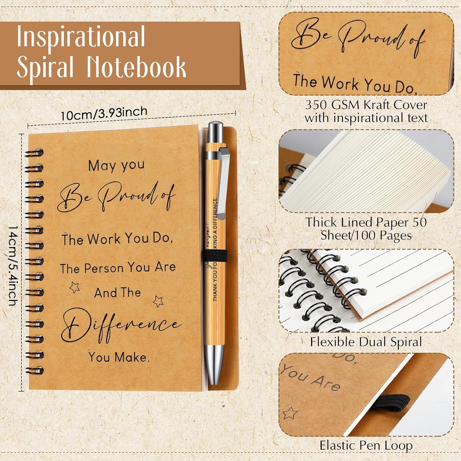2 Pcs Thank You Gift for Colleagues Women Teacher Leaving Gifts Employee Appreciation Inspirational Notebook Ballpoint Pen Kraft Lined Notepad Award for Coworker Volunteer(Difference)