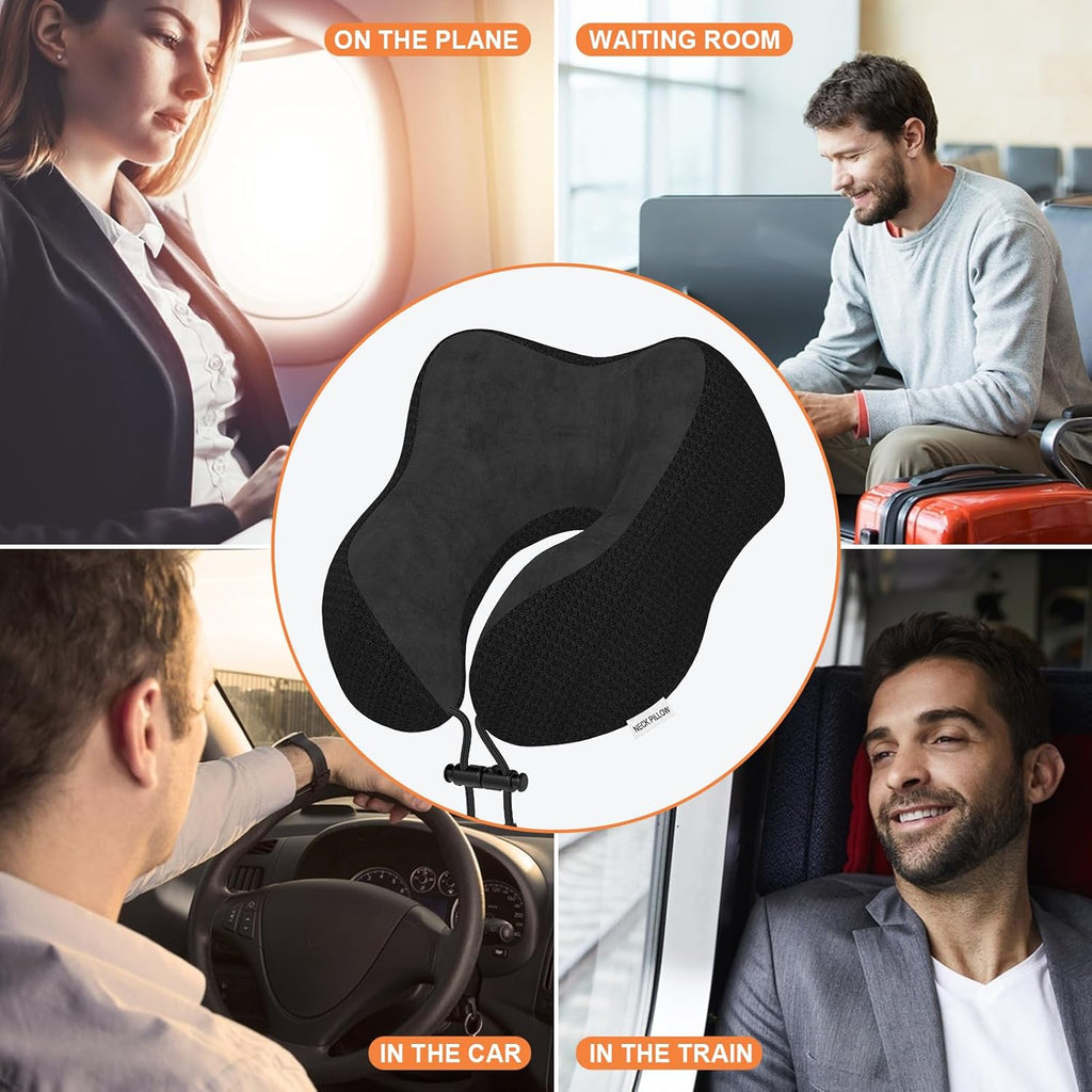 Travel Pillow Neck Pillow for Travel Airplane Memory Foam Flight Pillow for Cars, Trains, Home, Offices (Black)
