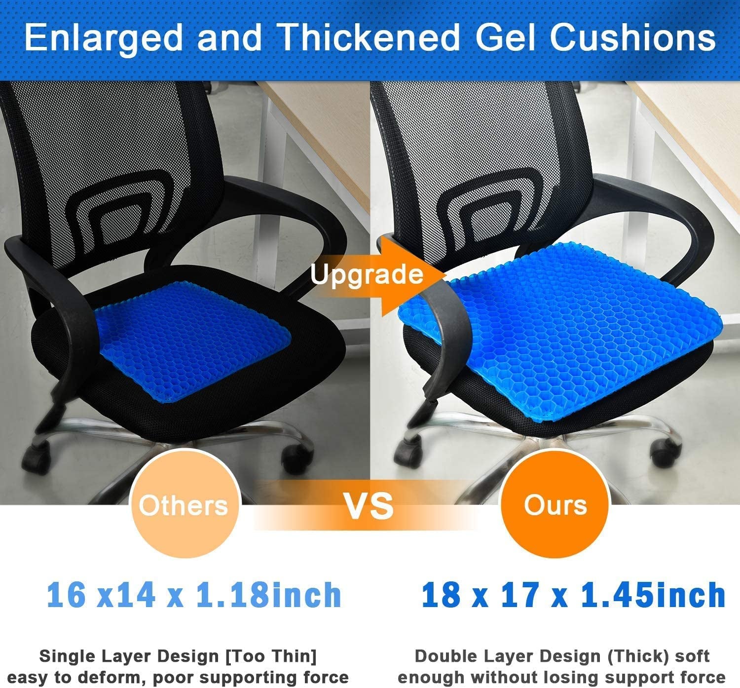 New Gel Seat Cushion, Honeycomb Design Double Thick Gel Cushion with Relieving Back Coccyx Pain Pressure, for Car Office Home Wheelchair&Chair