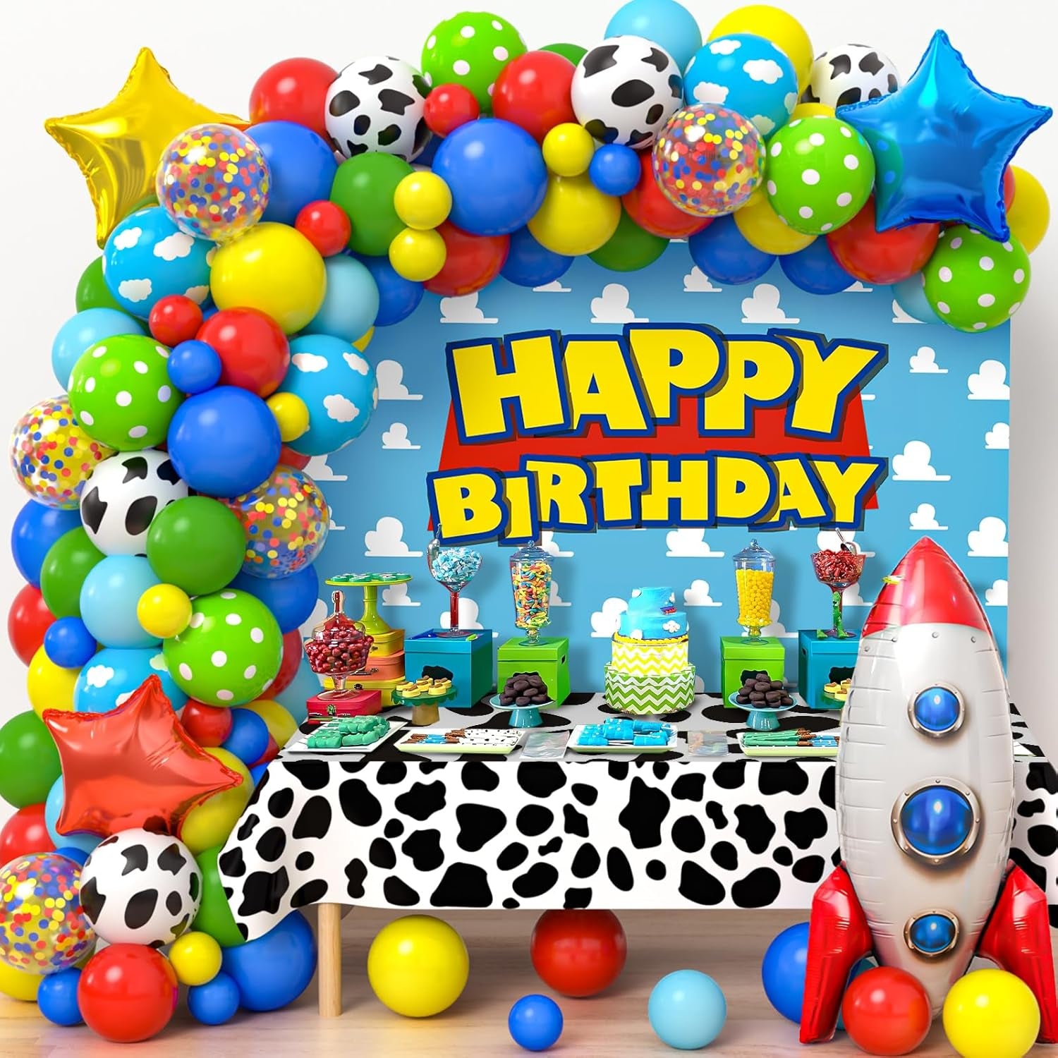 154Pcs Toy Inspired Story Birthday Party Decorations Supplies for Kids Teen, Balloon Arch with Backdrop Tablecloth Cow Print Balloons Star Rocket, Cartoon Game Girls Boys Birthday Party Decor